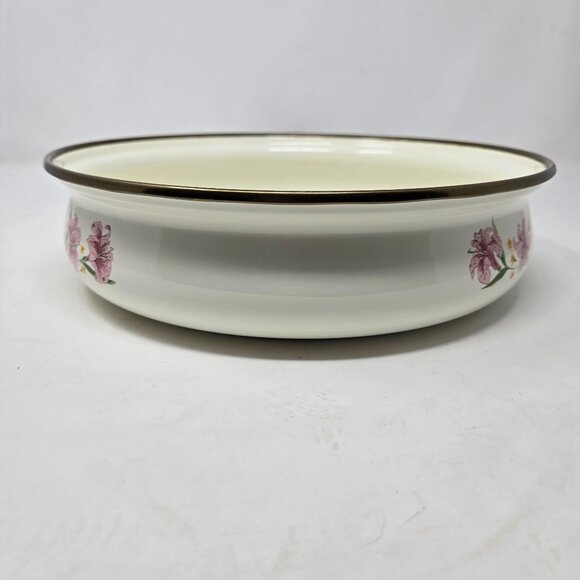 Normandy Taiwan Vintage Enamel Frying Pan With Lily Floral Design & Brass Handle - Picture 4 of 13